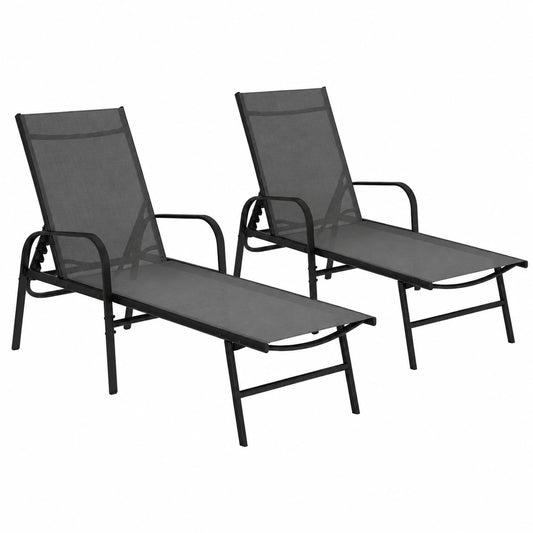 Lot de 2 chaises longues de jardin inclinables en acier et toile gris anthracite