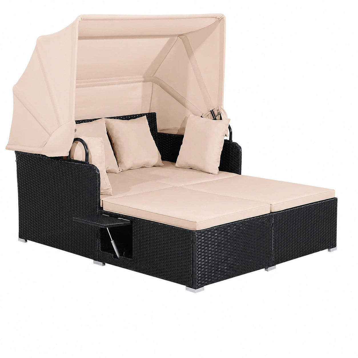 Chaise Longue Double avec Pare-Soleil, Rotin PE et Table Basse