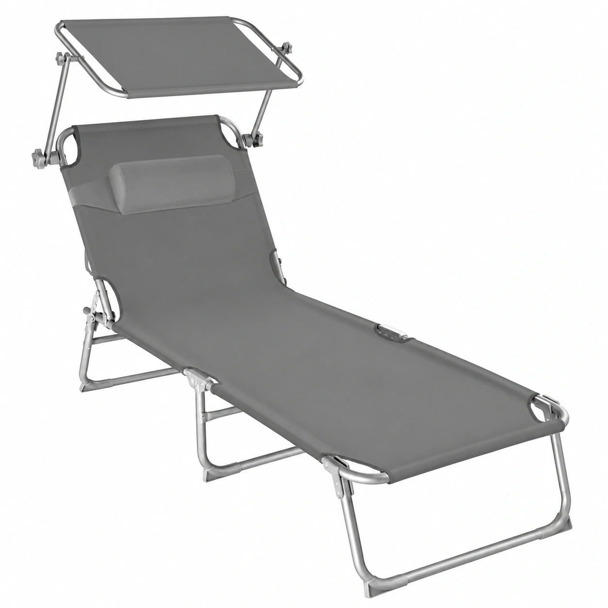 Ensemble de 2 chaises longues pliantes avec pare-soleil et appuie-tête - Chaise de plage inclinable pour jardin et camping - Gris