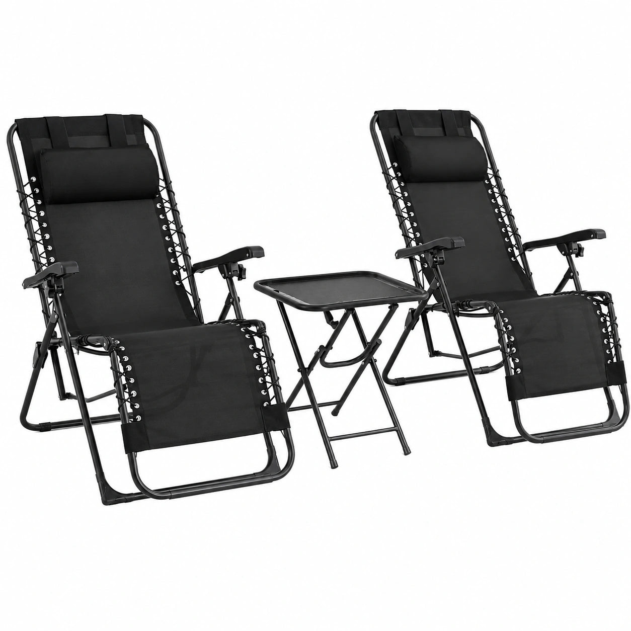 Lot de 2 Chaises Longues Pliables Inclinables avec Table, Fauteuil de Jardin Relaxant