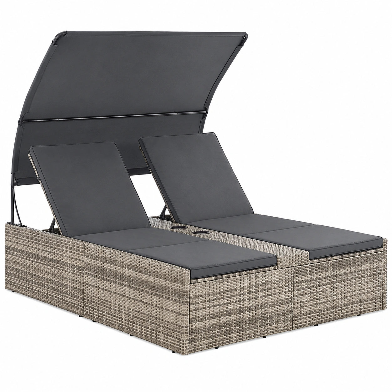 Lit de jardin double en rotin avec auvent et coussins