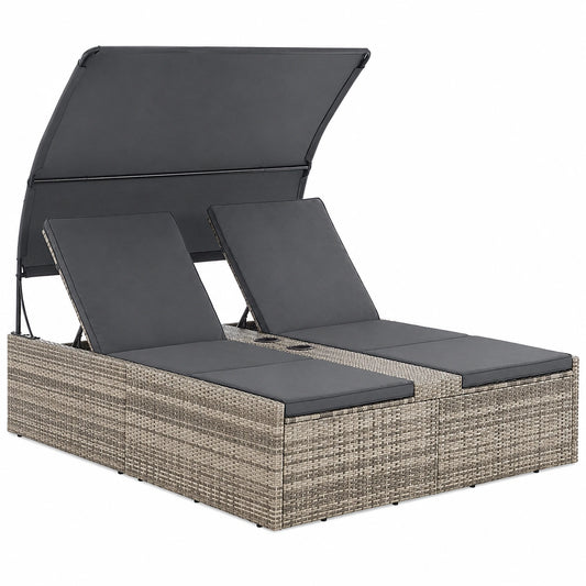 Lit de jardin double en rotin avec auvent et coussins