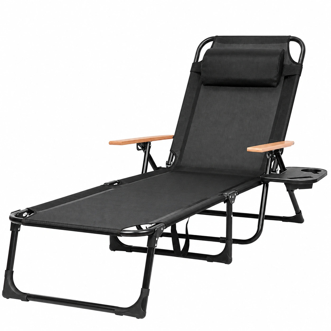Chaise longue extérieure pliable et réglable avec oreiller et porte-gobelet
